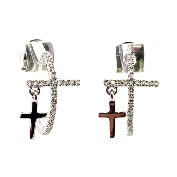14K White Gold Diamond Cross Hoop Earrings