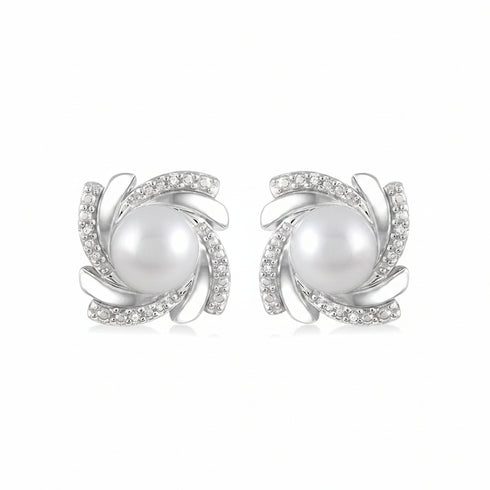 Ashi Earrings Silver Pearl Swirl Diamond Earrings