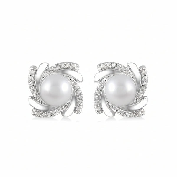 Ashi Earrings Silver Pearl Swirl Diamond Earrings