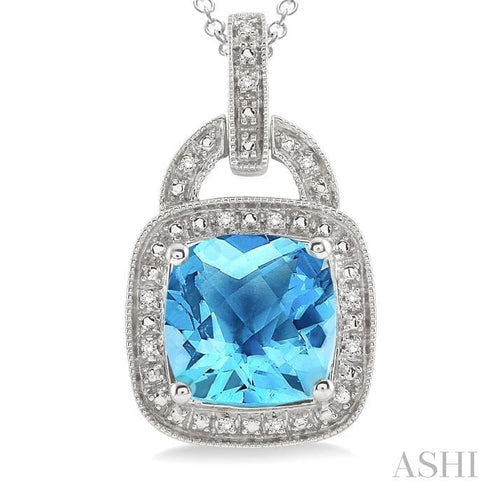 Ashi Necklaces Silver Cushion Shape Blue Topaz & Diamond Pendant