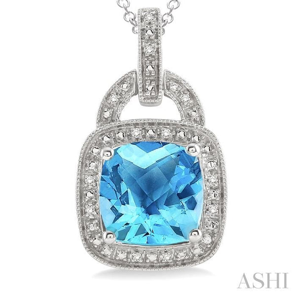 Ashi Necklaces Silver Cushion Shape Blue Topaz & Diamond Pendant