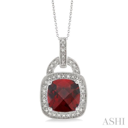 Ashi Necklaces Silver Cushion Shape Garnet & Diamond Pendant