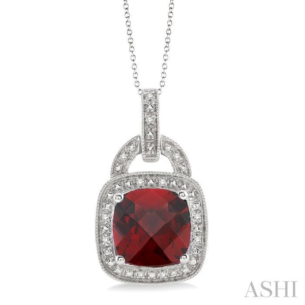 Ashi Necklaces Silver Cushion Shape Garnet & Diamond Pendant