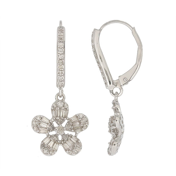Bassali Earrings 14K White Gold Diamond Flower Dangle Earrings
