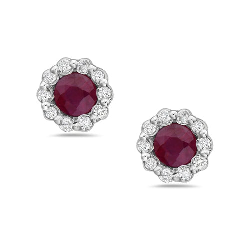 Bassali Earrings 14K White Gold Ruby & Diamond Halo Stud Earrings