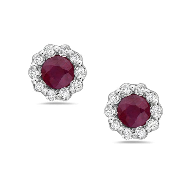Bassali Earrings 14K White Gold Ruby & Diamond Halo Stud Earrings