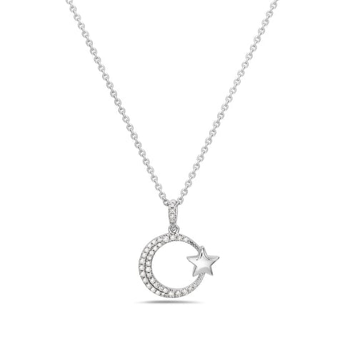 Bassali Necklaces 14K White Gold Diamond Moon & Star Necklace
