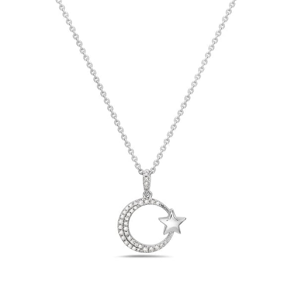 Bassali Necklaces 14K White Gold Diamond Moon & Star Necklace