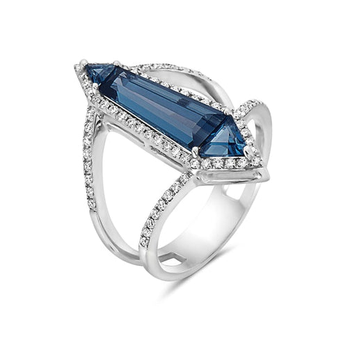 Bassali Rings 14K White Gold Blue Topaz & Diamond Ring