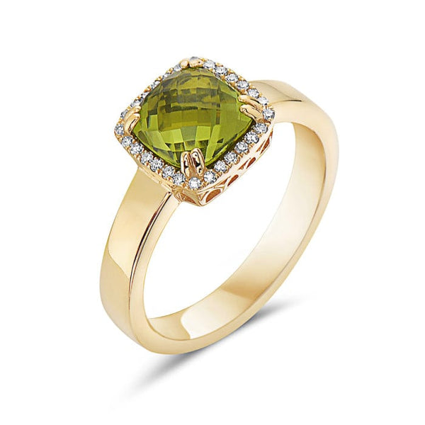 Bassali Rings 14K Yellow Gold Peridot & Diamond Halo Ring