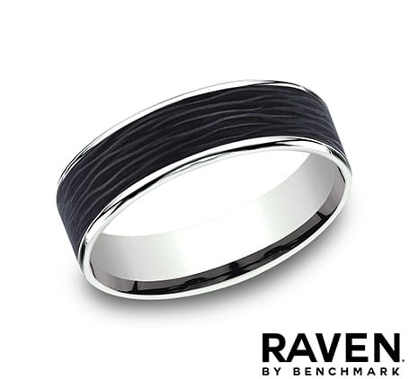 Benchmark Men's Wedding Bands 10 Men's Wedding Band, 14K White Gold with Forged Black Carbon Fiber, 6.5MM