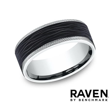 Benchmark Men's Wedding Bands 10 Men's Wedding Band, 14K White Gold with Forged Black Carbon Fiber, 8MM