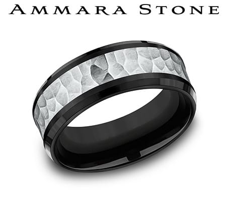 Benchmark Men's Wedding Bands 10 Men's Wedding Band, Black Tantalum with Hammered 14K White Gold