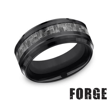 Benchmark Men's Wedding Bands 10 Men's Wedding Band, Black Titanium with Grey Carbon Fiber, 9MM