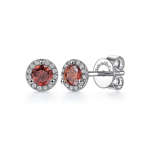 Gabriel & Co. Earrings 14K White Gold Garnet and Diamond Halo Stud Earrings