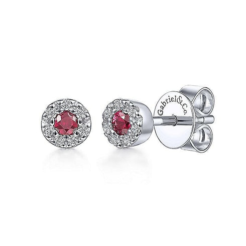 Gabriel & Co. Earrings White Gold Petite Ruby & Halo Diamond Stud Earrings