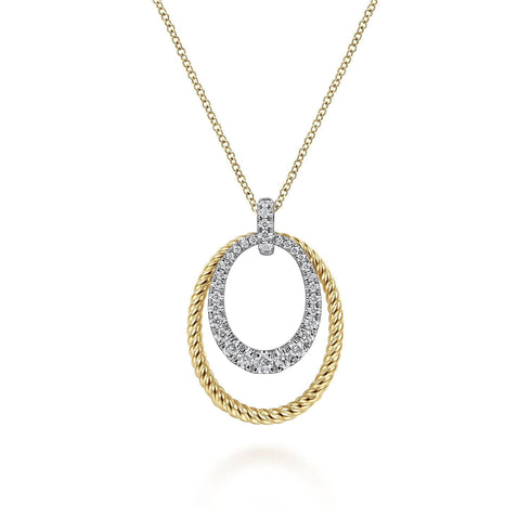 Gabriel & Co. Necklaces 14K White-Yellow Gold Oval Twisted Rope and Pave Diamond Pendant Necklace