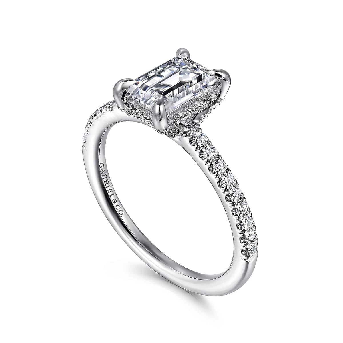 Mounting Only, Emerald Cut White Gold Engagement Mounting with Thin Di