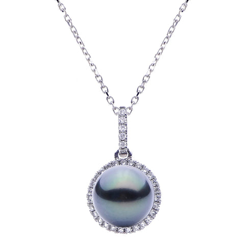 Imperial Necklaces 14K White Gold 8-9MM Tahitian Pearl with Diamond Halo Necklace