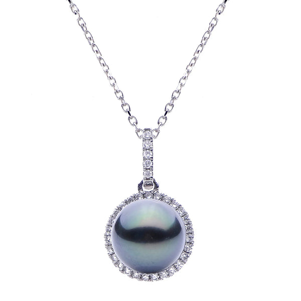 Imperial Necklaces 14K White Gold 8-9MM Tahitian Pearl with Diamond Halo Necklace