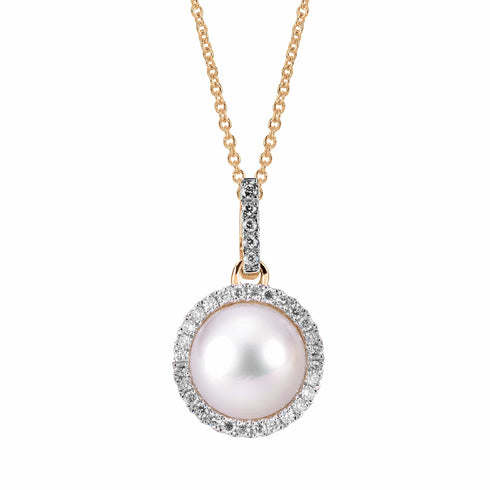Imperial Necklaces 14K Yellow Gold Akoya Pearl with Diamond Halo Necklace