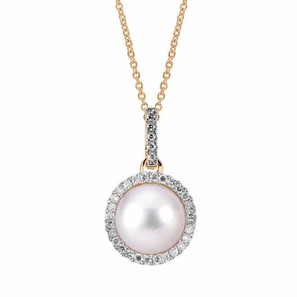 Imperial Necklaces 14K Yellow Gold Akoya Pearl with Diamond Halo Necklace