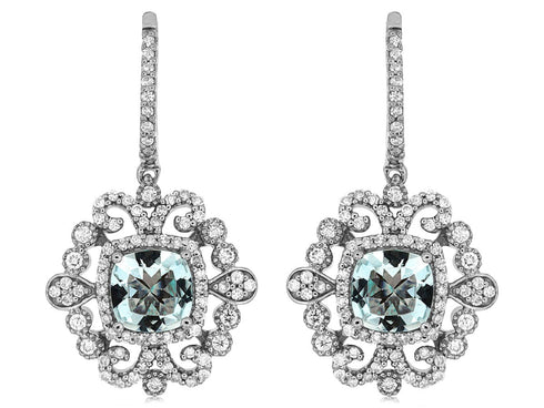 Royal Jewelry Earrings 14K White Gold Aquamarine & Diamond Dangle Earrings