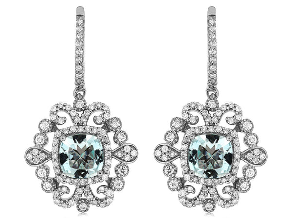 Royal Jewelry Earrings 14K White Gold Aquamarine & Diamond Dangle Earrings
