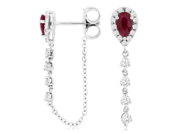 Royal Jewelry Earrings 14K White Gold Ruby & Diamond Dangle Earrings