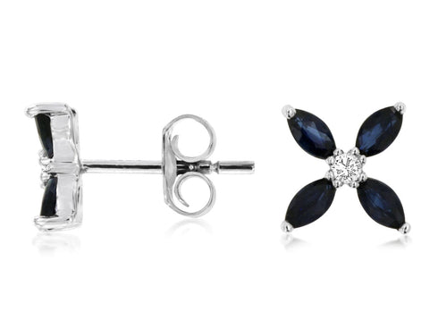 Royal Jewelry Earrings 14K White Gold Sapphire Flower & Diamond Stud Earrings