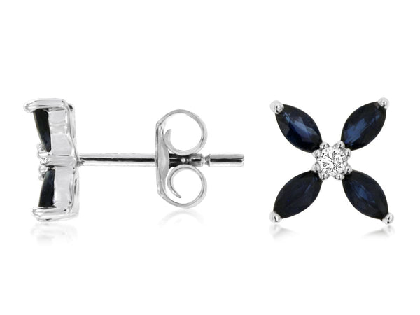 Royal Jewelry Earrings 14K White Gold Sapphire Flower & Diamond Stud Earrings