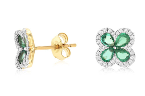 Royal Jewelry Earrings 14K Yellow Gold Emerald & Diamond Floral Stud Earrings