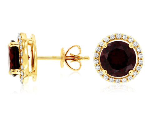 Royal Jewelry Earrings 14K Yellow Gold Garnet & Diamond Halo Stud Earrings