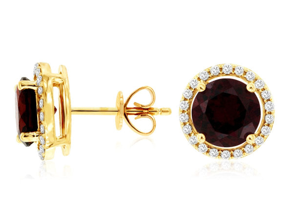 Royal Jewelry Earrings 14K Yellow Gold Garnet & Diamond Halo Stud Earrings