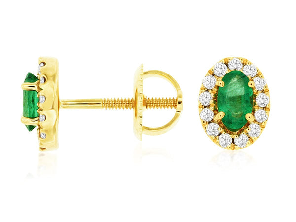 Royal Jewelry Earrings 14K Yellow Gold Oval Emerald & Diamond Stud Earrings