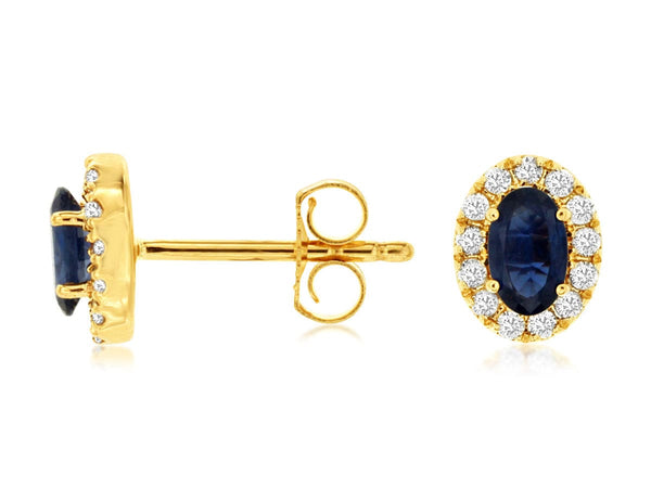 Royal Jewelry Earrings 14K Yellow Gold Oval Sapphire & Diamond Stud Earrings