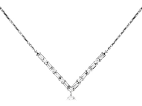 Royal Jewelry Necklaces 14K White Gold Baguette Diamond Necklace