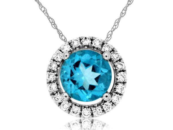 Royal Jewelry Necklaces 14K White Gold Blue Topaz & Diamond Necklace
