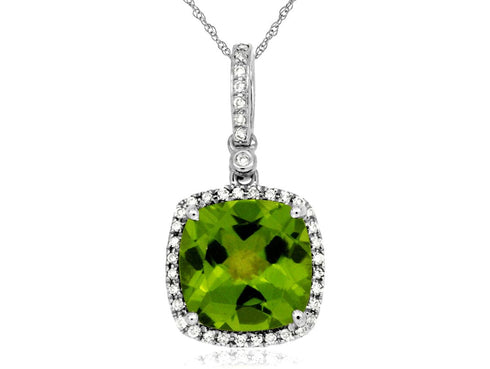 Royal Jewelry Necklaces 14K White Gold Peridot with Diamond Halo Necklace