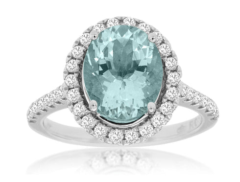 Royal Jewelry Rings 14K White Gold Aquamarine & Diamond Halo Ring