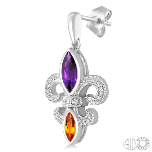 Silver Fleur De Lis Gemstone & Diamond Earrings, LSU Earrings
