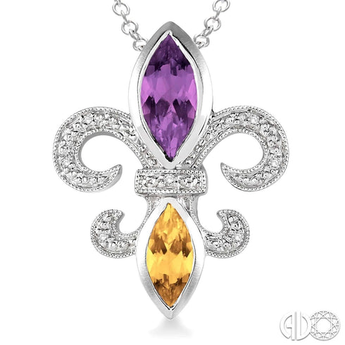 Silver Fleur De Lis Gemstone & Diamond Pendant, LSU Color Necklace