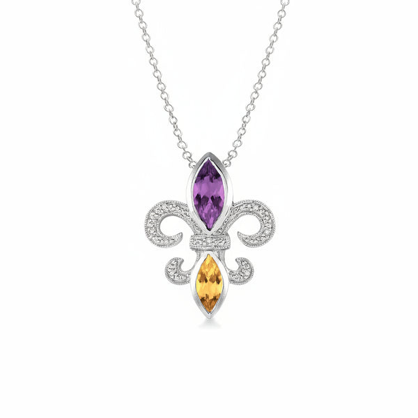Silver Fleur De Lis Gemstone & Diamond Pendant, LSU Color Necklace