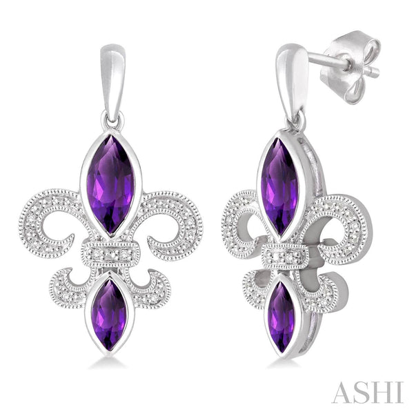 Ashi-SO Earrings Silver Fleur De Lis Amethyst & Diamond Earrings