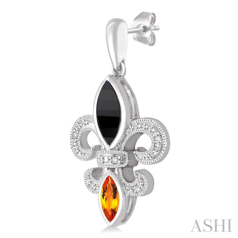 Ashi-SO Earrings Silver Fleur De Lis Onyx, Citrine & Diamond Earrings