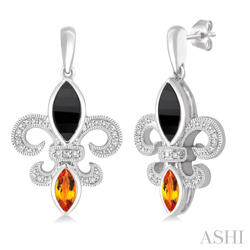 Ashi-SO Earrings Silver Fleur De Lis Onyx, Citrine & Diamond Earrings