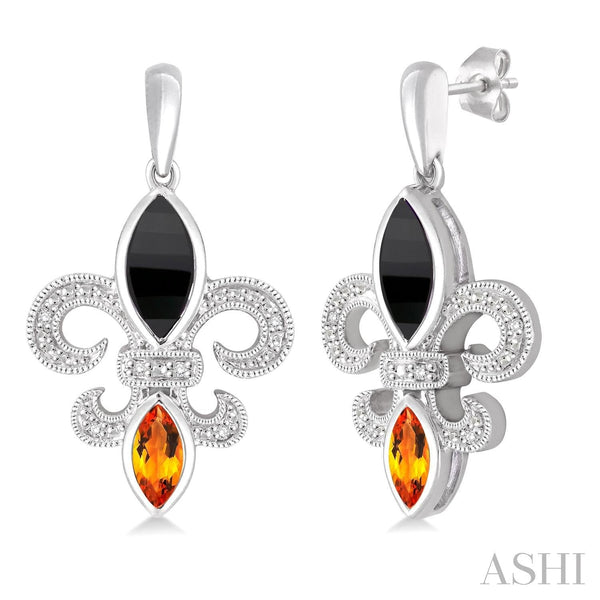 Ashi-SO Earrings Silver Fleur De Lis Onyx, Citrine & Diamond Earrings
