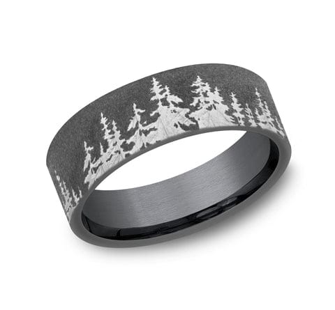 Benchmark Men's Wedding Bands 10 Men's Wedding Band, 8MM Darkened Tantalum with Treeline Pattern