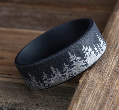 Benchmark Men's Wedding Bands 10 Men's Wedding Band, 8MM Darkened Tantalum with Treeline Pattern