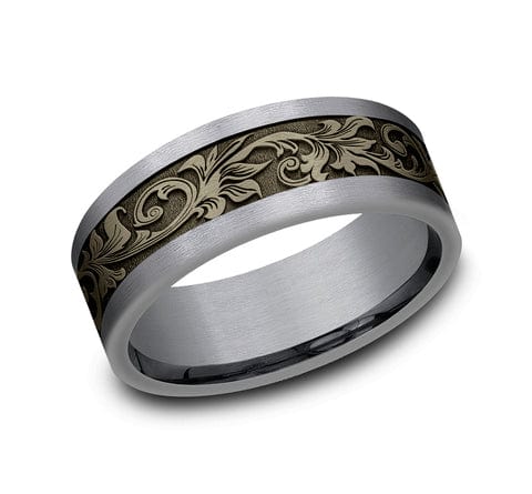 Benchmark Men's Wedding Bands 10 Men's Wedding Band, Grey Tantalum and Bronze Vintage Script Pattern